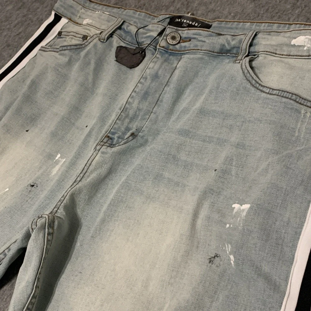 NWT Serenede Jeans Men's 44x31 Distressed Paint Splatter White Black Stripe